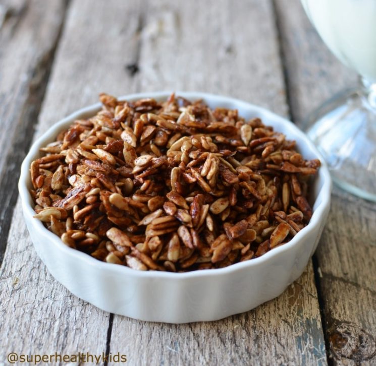 Honey Roasted Cinnamon Sunflower Seeds with Peach Sorbet. PEACH SORBET sprinkled with honey roasted sunflower seeds!! Great for kids with nut allergies!